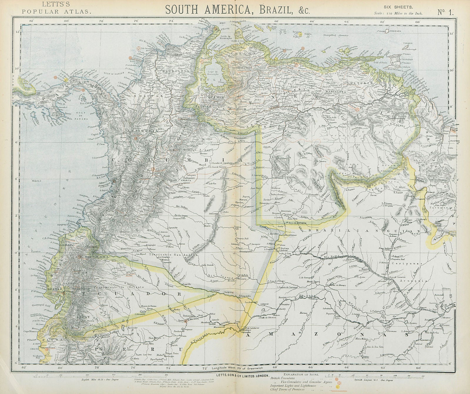 AMAZONIA & ANDEAN STATES. Colombia includes Panama. Venezuela. LETTS 1883 map